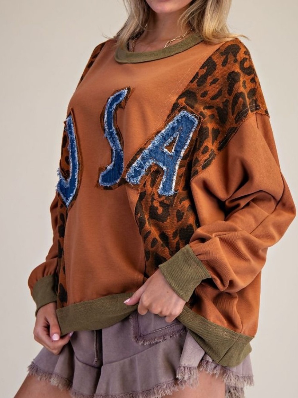 Easel Mineral Wash Cotton Animal Leopard USA Denim Patch Sweatshirt